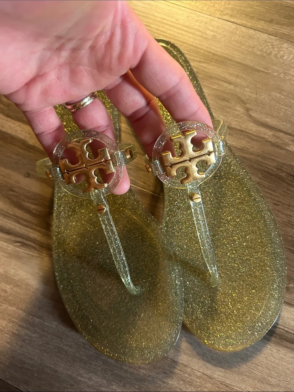 Tory Burch Metallic Gold Logo T-Strap Sandals